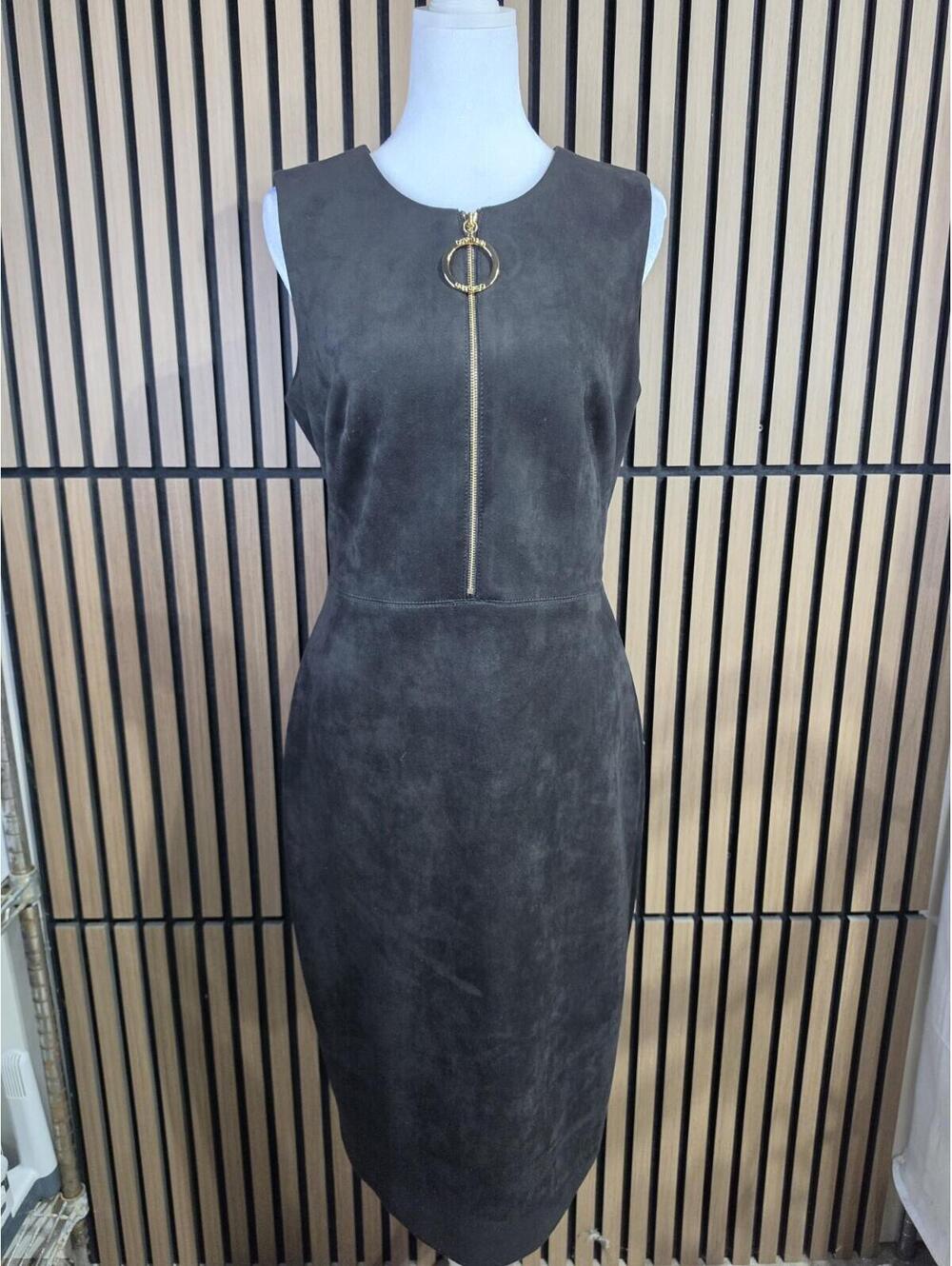 Calvin Klein Black Faux Suede Sheath Dress 10 Sleeveless Round Neck Zip